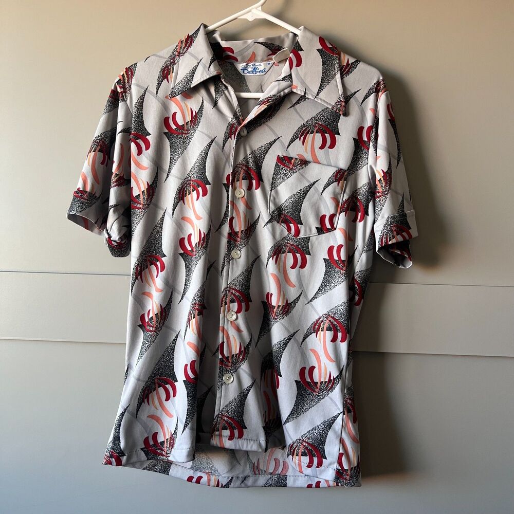 Vintage DaVinci Delfina Shirt Men Medium Gray Red Palm Tree Geometric Disco 70s‎